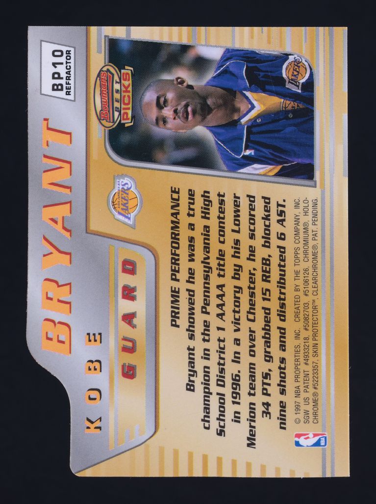 1996 Bowman's Best Picks Refractor Kobe Bryant ROOKIE #BP10 MBA AUTH
