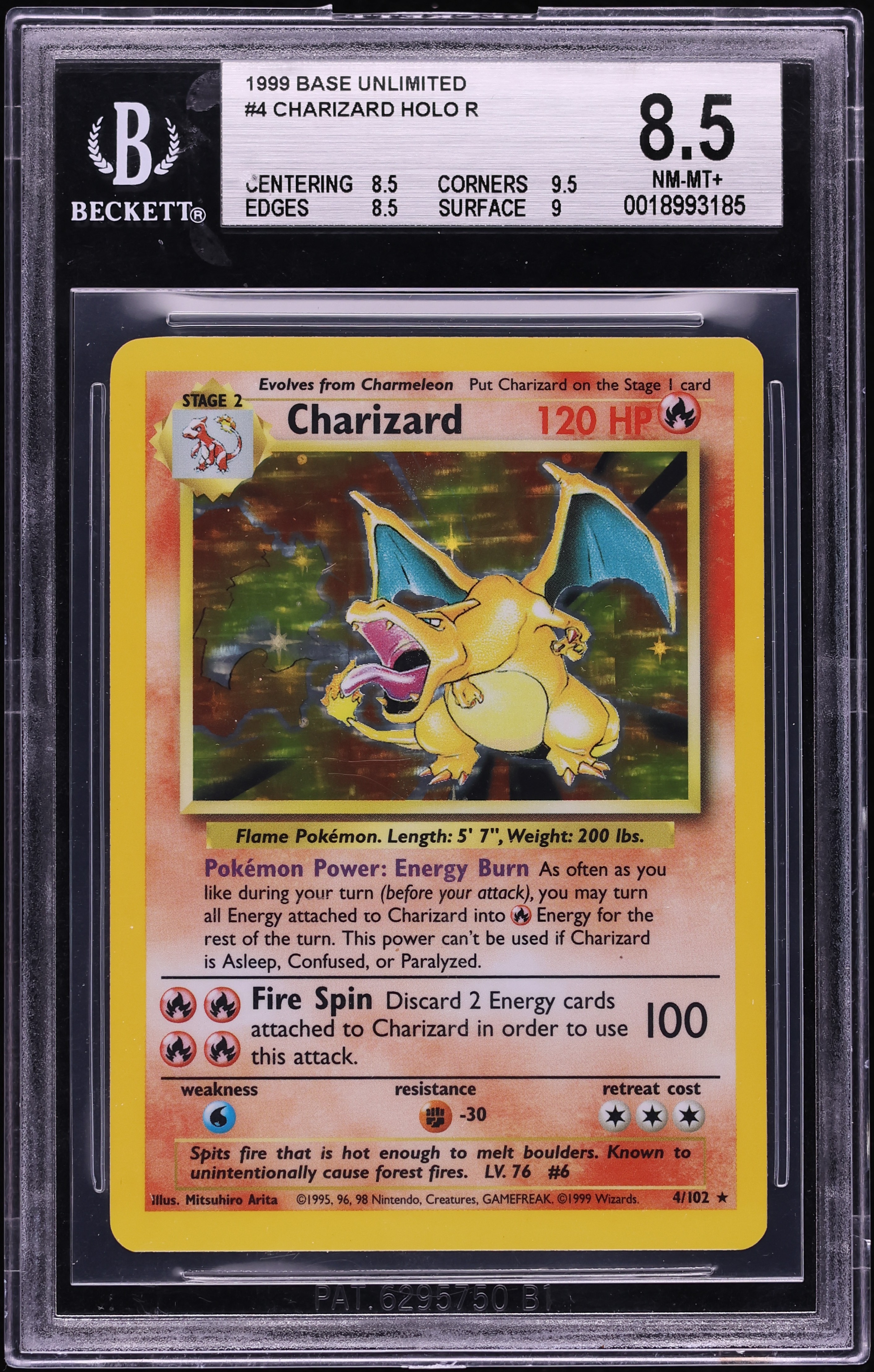 1999 Pokemon Base Set Holo Charizard #4 BGS 8.5 NM-MT+