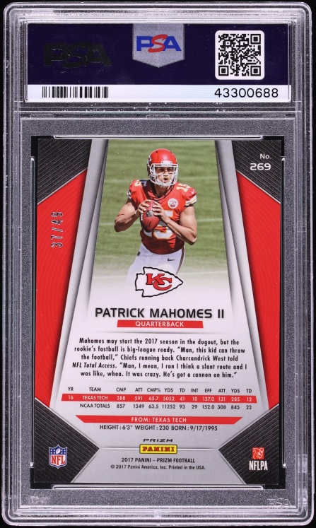 2017 Panini Prizm Red Power Patrick Mahomes II ROOKIE /49 #269 PSA 10 GEM MINT