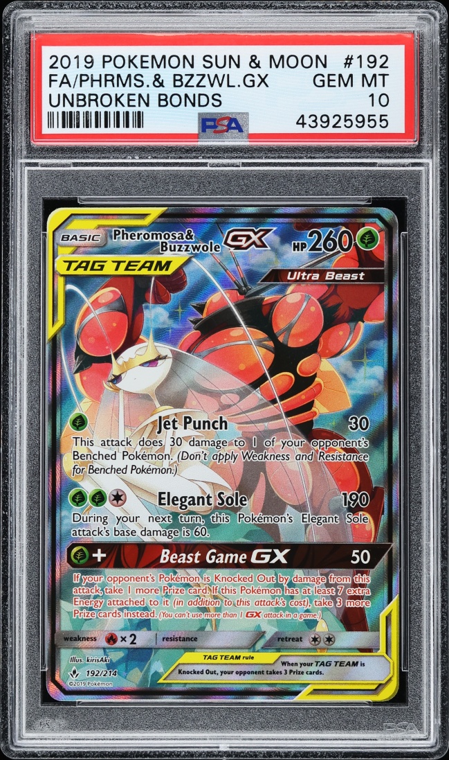 2019 Pokemon Sun & Moon Unbroken Bonds Full Art Pheromosa & Buzzwole GX #192 PSA 10 GEM MINT