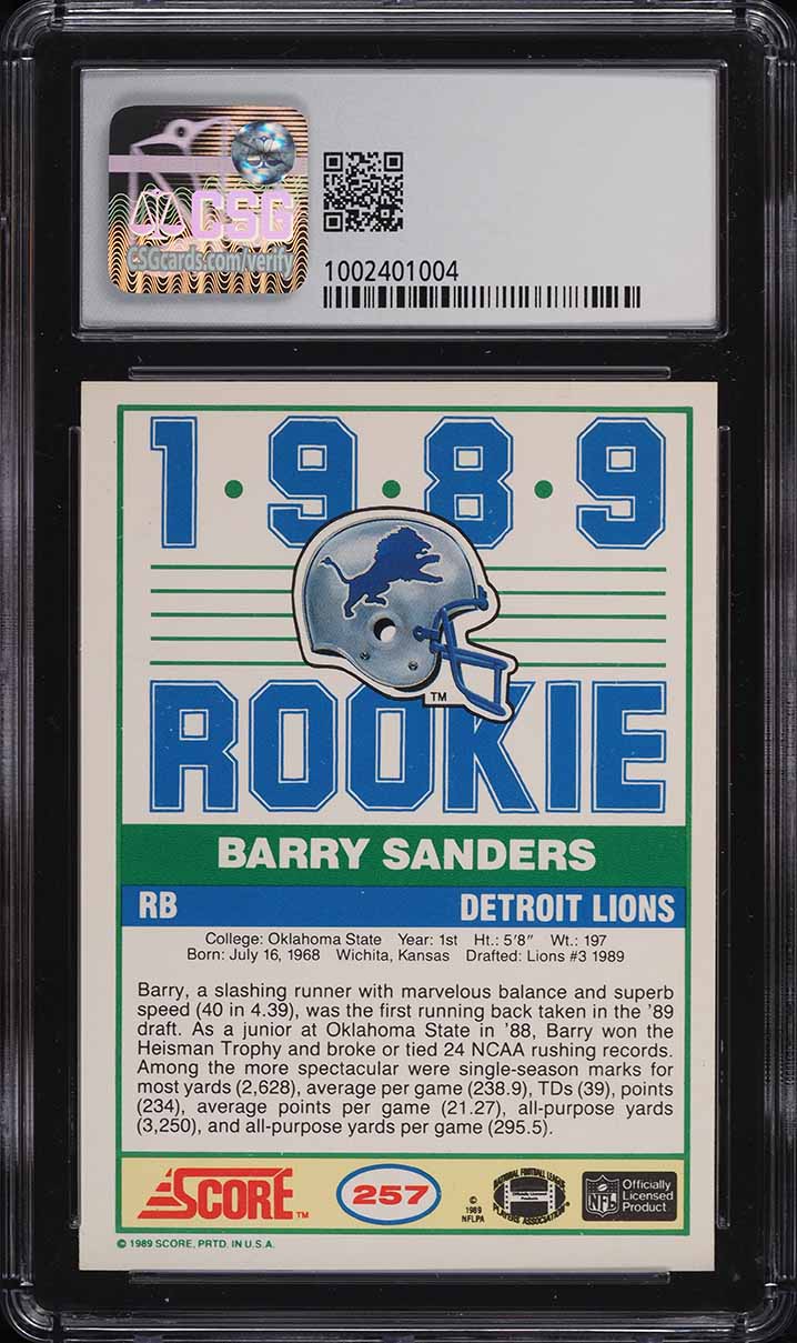 1989 Score Football Barry Sanders ROOKIE #257 CSG 8.5 NM-MT+