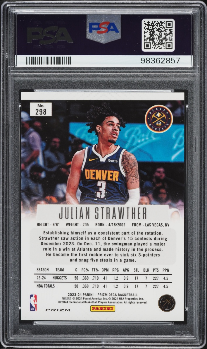 2023 Panini Prizm Deca Black Gold Shimmer FOTL Julian Strawther ROOKIE 1/8 #298 PSA 9 MINT