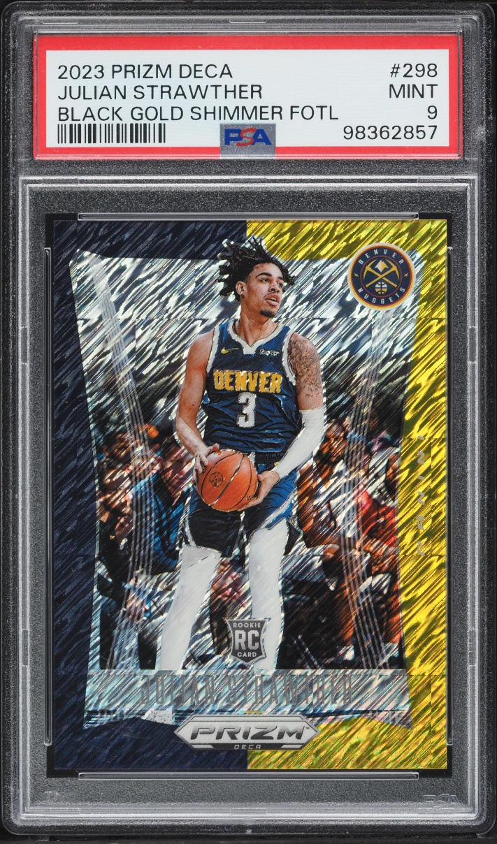 2023 Panini Prizm Deca Black Gold Shimmer FOTL Julian Strawther ROOKIE 1/8 #298 PSA 9 MINT