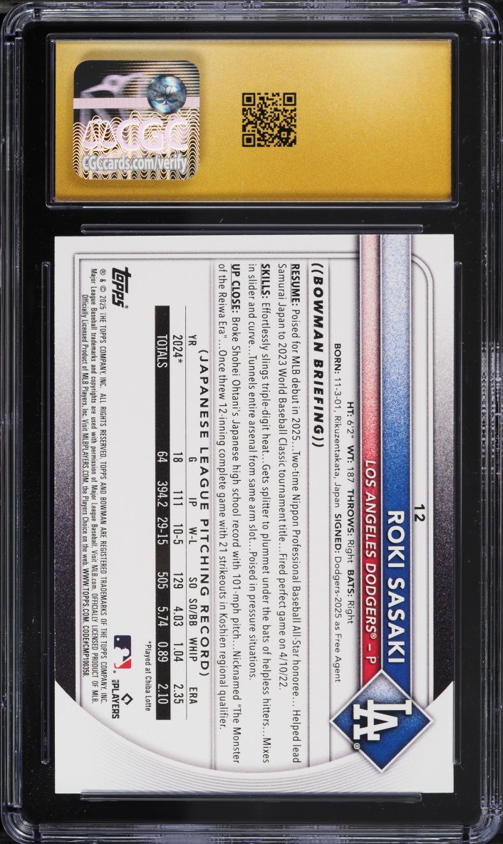 2025 Bowman Roki Sasaki ROOKIE #12 CGC 10 PRISTINE