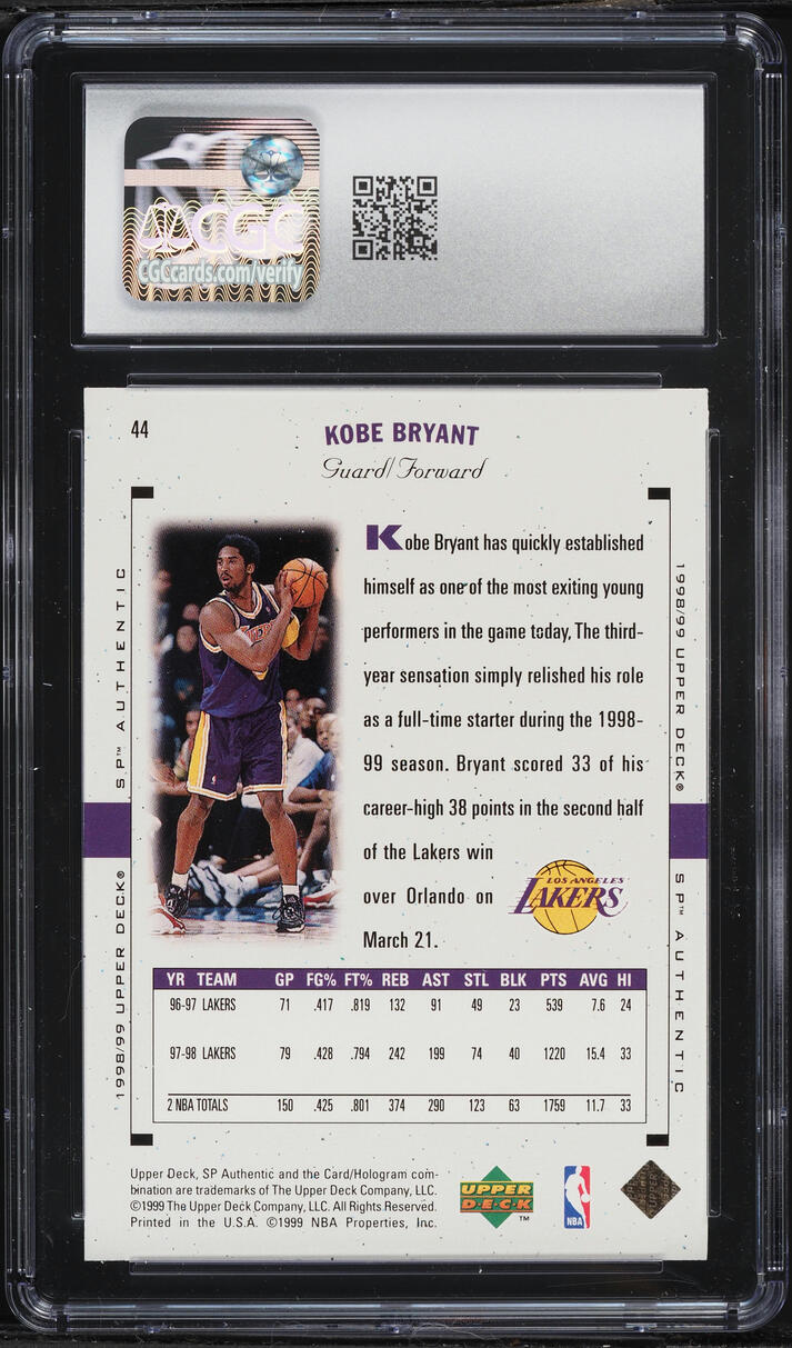 1998 SP Authentic Kobe Bryant #44 CGC 9 MINT