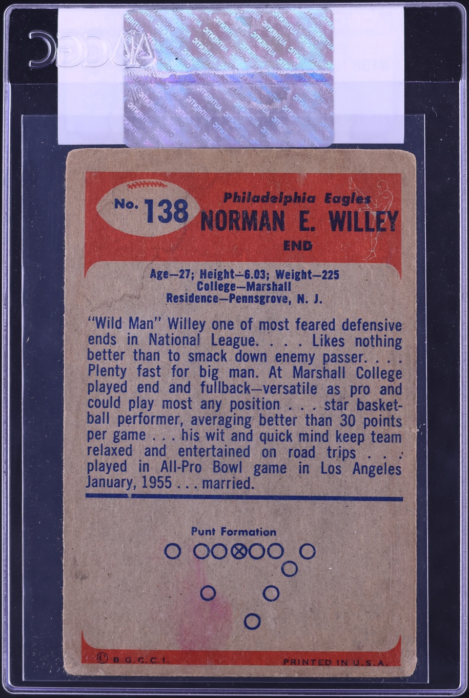 1955 Bowman Football Norm Willey #138 CGC AUTH