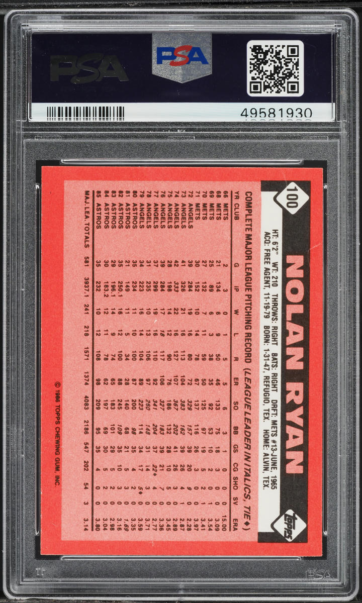 1986 Topps Tiffany Nolan Ryan #100 PSA 8 NM-MT
