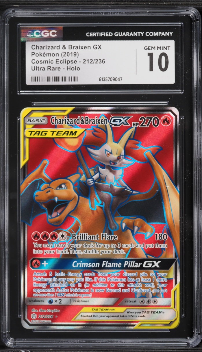 2019 Pokemon Sun & Moon Cosmic Eclipse Full Art Charizard & Braixen GX #212 CGC 10 GEM MINT