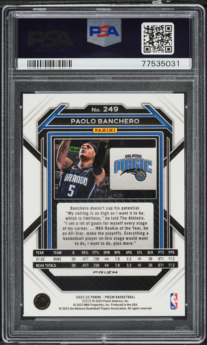 2022 Panini Prizm Pink Ice Paolo Banchero ROOKIE #249 PSA 10 GEM MINT