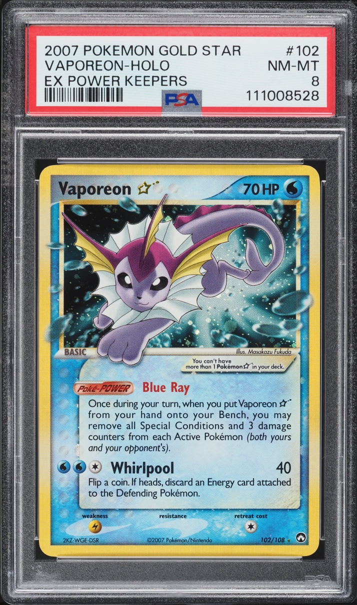 2007 Pokemon EX Power Keepers Holo Vaporeon Gold Star #102 PSA 8 NM-MT