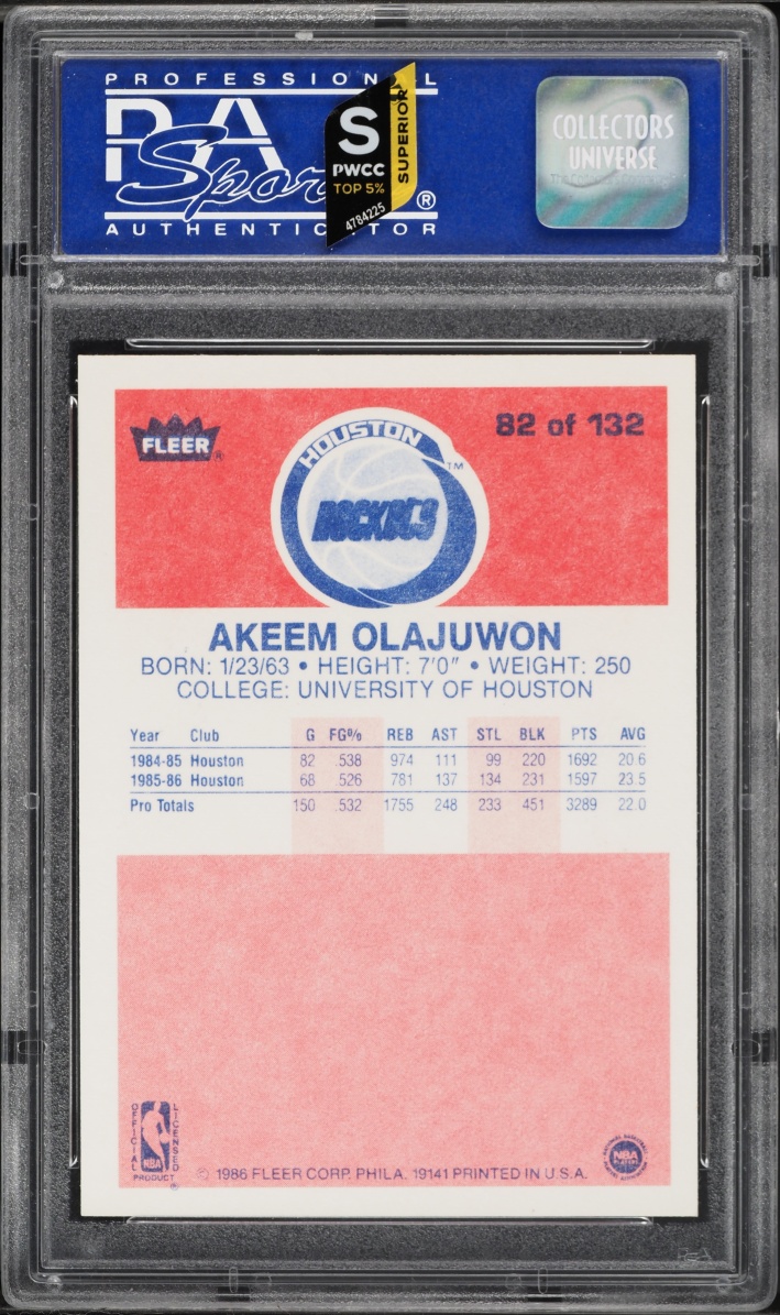 1986 Fleer Basketball Hakeem Olajuwon ROOKIE #82 PSA 9 MINT - Photo 2
