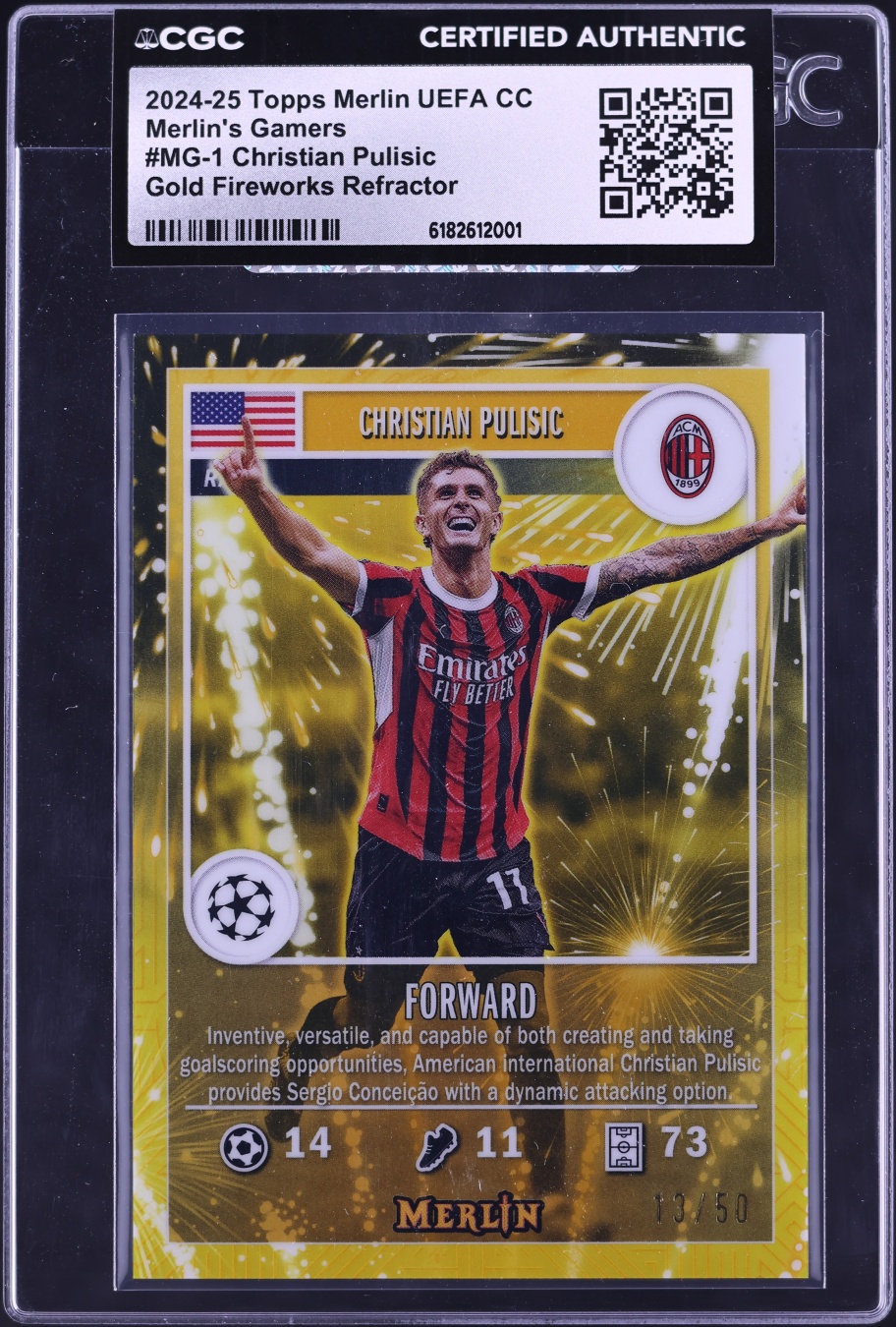 2024 Topps Merlin UEFA CC Gamers Gold Fireworks Refractor Christian Pulisic /50 #MG-1 CGC AUTH
