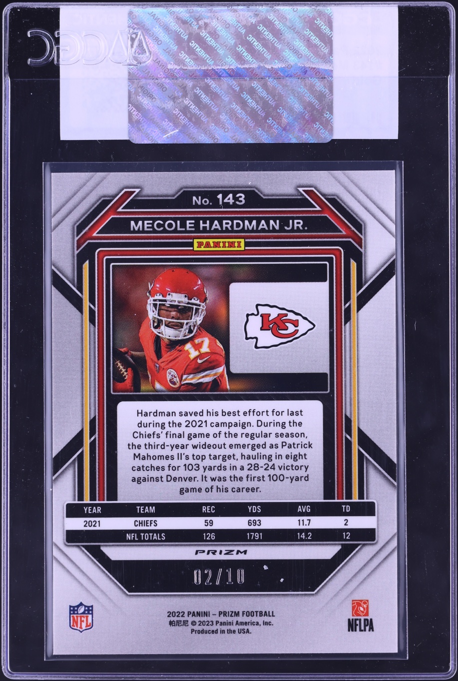 2022 Panini Prizm Gold Mecole Hardman Jr. /10 #143 CGC AUTH - Photo 2