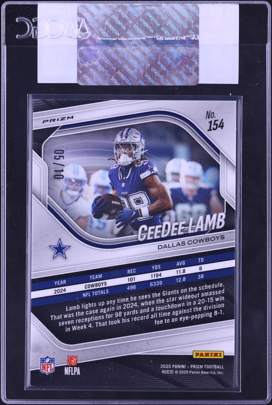 2025 Panini Prizm Gold CeeDee Lamb /10 #154 CGC AUTH - Photo 2