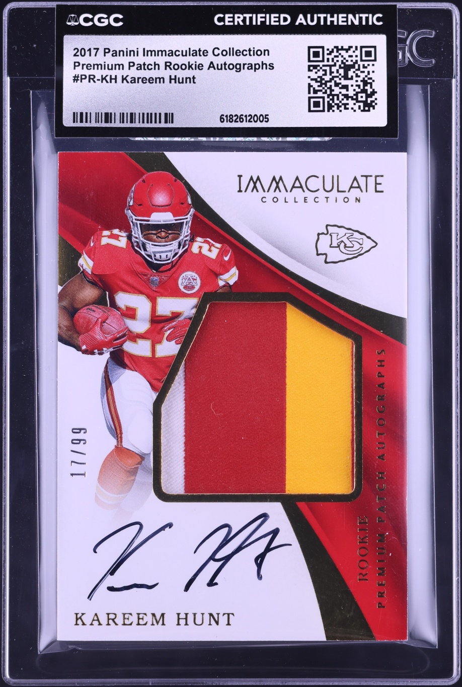 2017 Immaculate Collection Premium Kareem Hunt ROOKIE PATCH AUTO /99 #PR-KH CGC AUTH