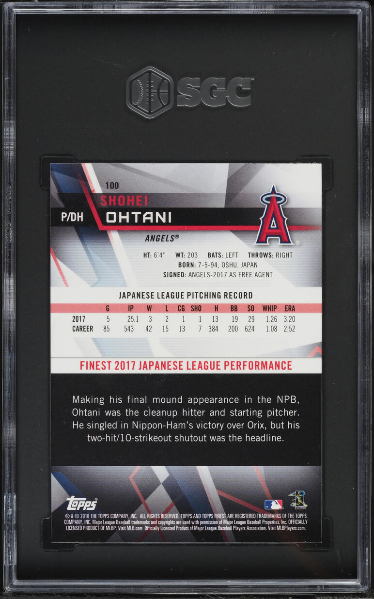 2018 Finest Shohei Ohtani ROOKIE #100 SGC 9.5 MINT+
