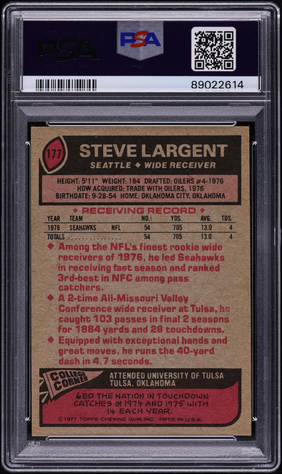 1977 Topps Football Steve Largent ROOKIE #177 PSA 5 EX