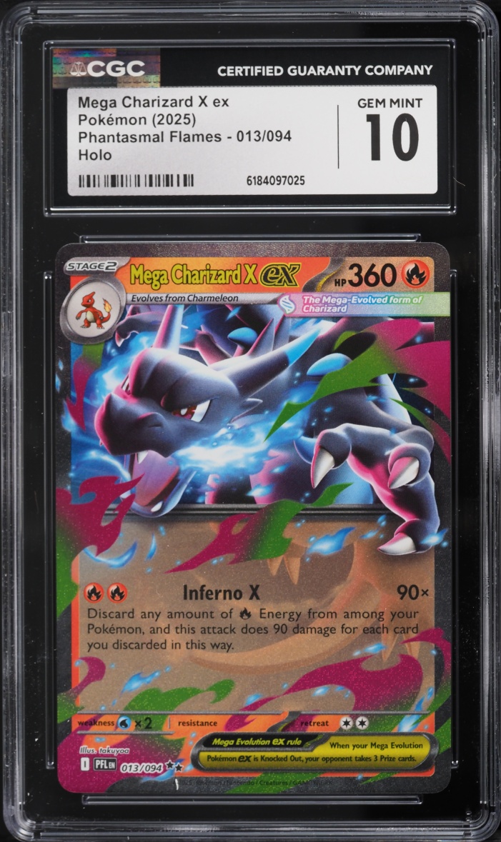 2025 #13 Mega Charizard X Ex CGC 10 Pokemon Mega Evolution Phantasmal Flames Holo