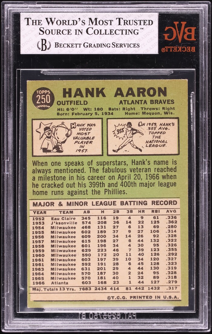 1967 Topps Hank Aaron #250 BVG 6 EXMT