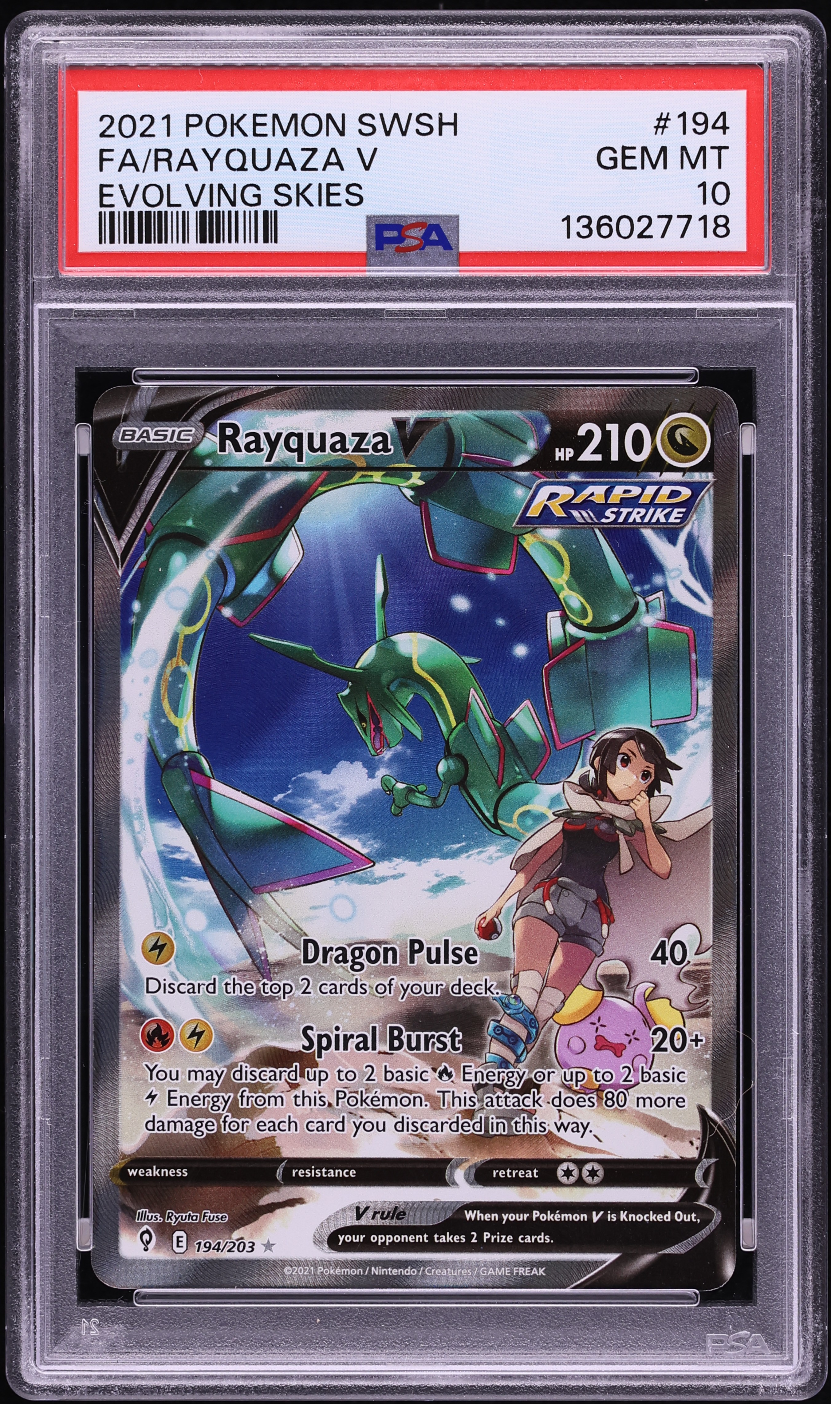 2021 Pokemon Sword & Shield Evolving Skies Alt Art Rayquaza V #194 PSA 10 GEM MINT