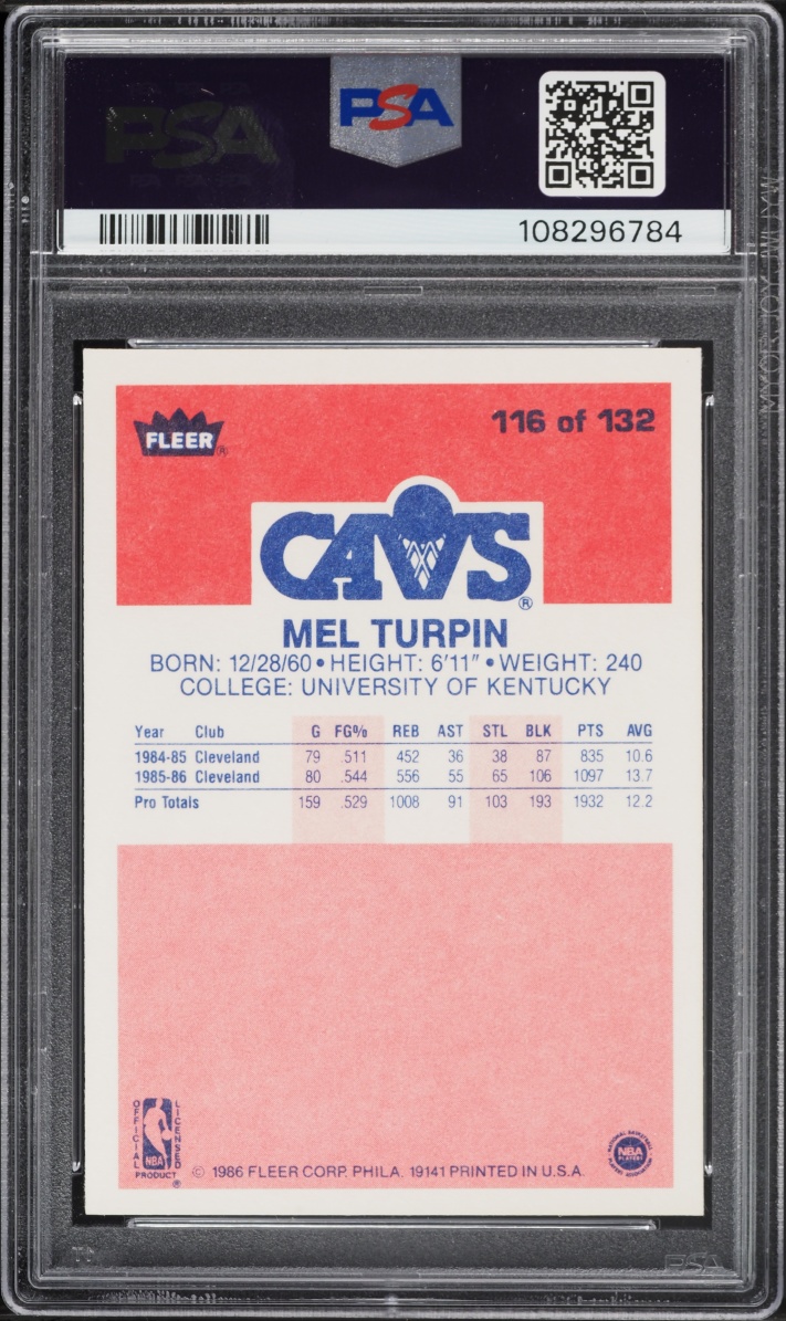 1986 Fleer Basketball Melvin Turpin ROOKIE #116 PSA 9 MINT