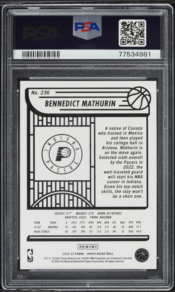 2022 Hoops Bennedict Mathurin ROOKIE #236 PSA 10 GEM MINT