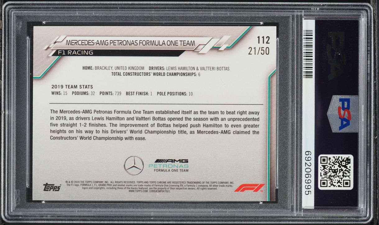 2020 Topps Chrome Formula 1 F1 Sapphire Gold Mercedes-AMG /50 #112 PSA 9 MINT