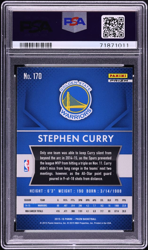 2015 Panini Prizm White Sparkle Stephen Curry #170 PSA 9 MINT