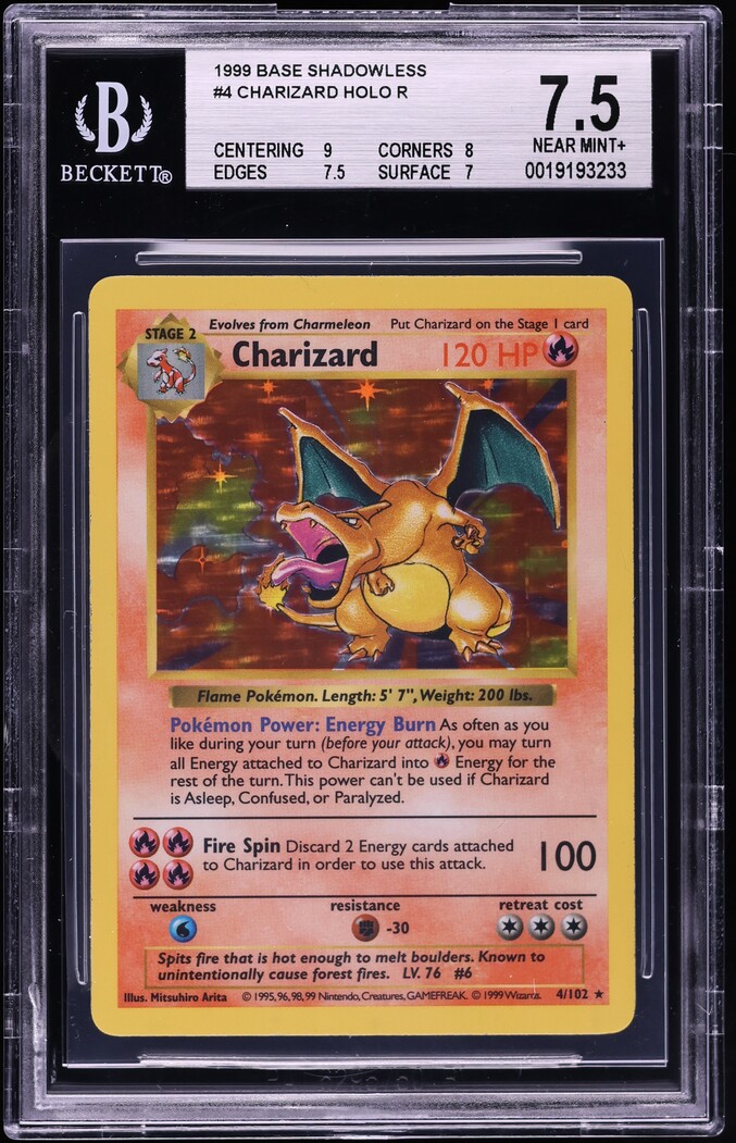 1999 Pokemon Base Set Shadowless Holo Charizard #4 BGS 7.5 NRMT+