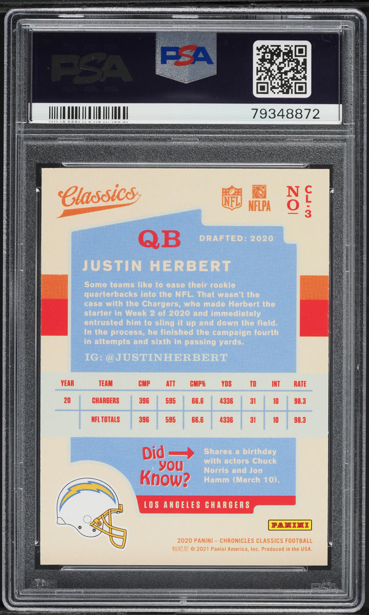 2020 Panini Chronicles Classics Justin Herbert ROOKIE #CL-3 PSA 9 MINT