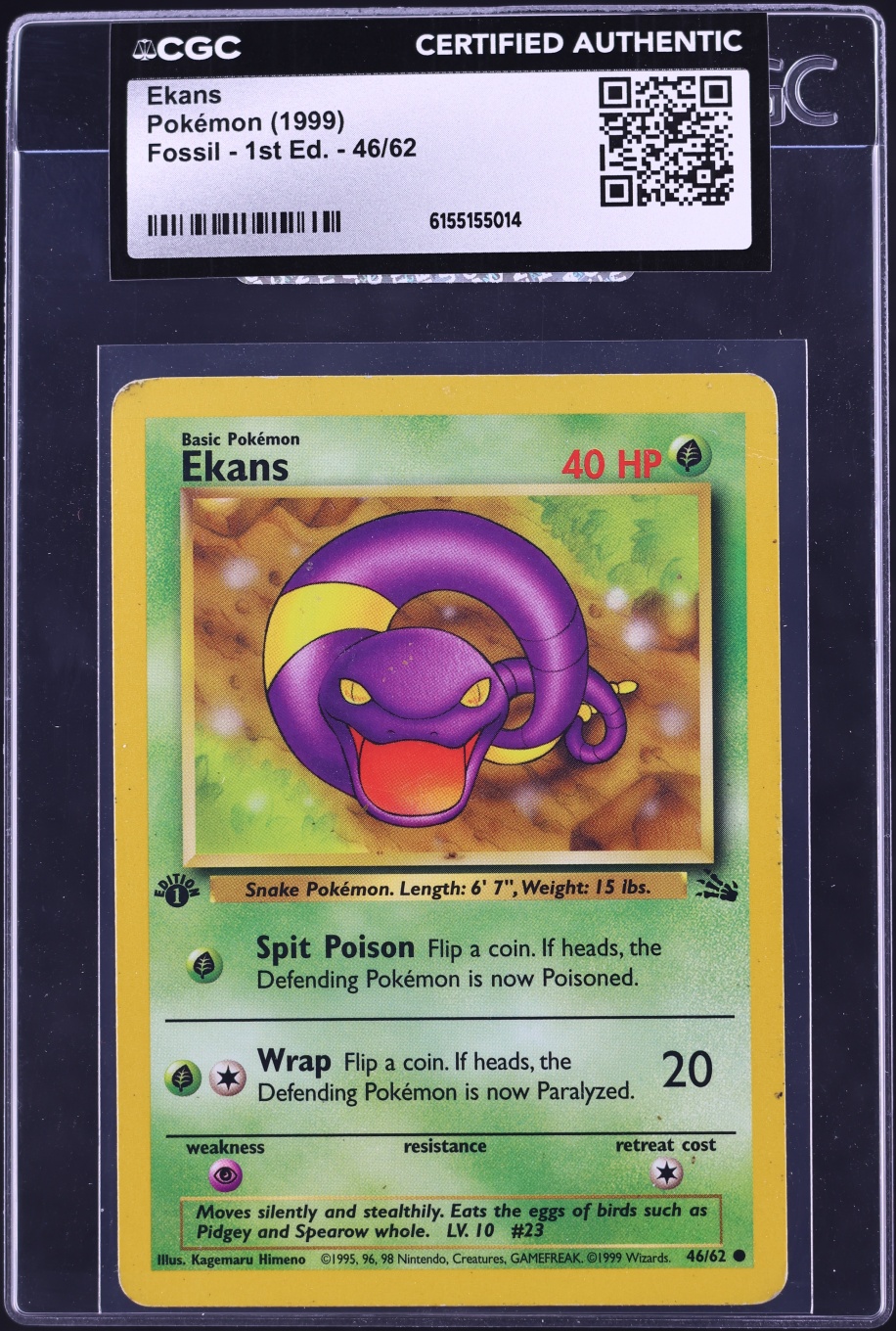 1999 Pokemon Fossil 1st Edition Ekans #46 CGC AUTH