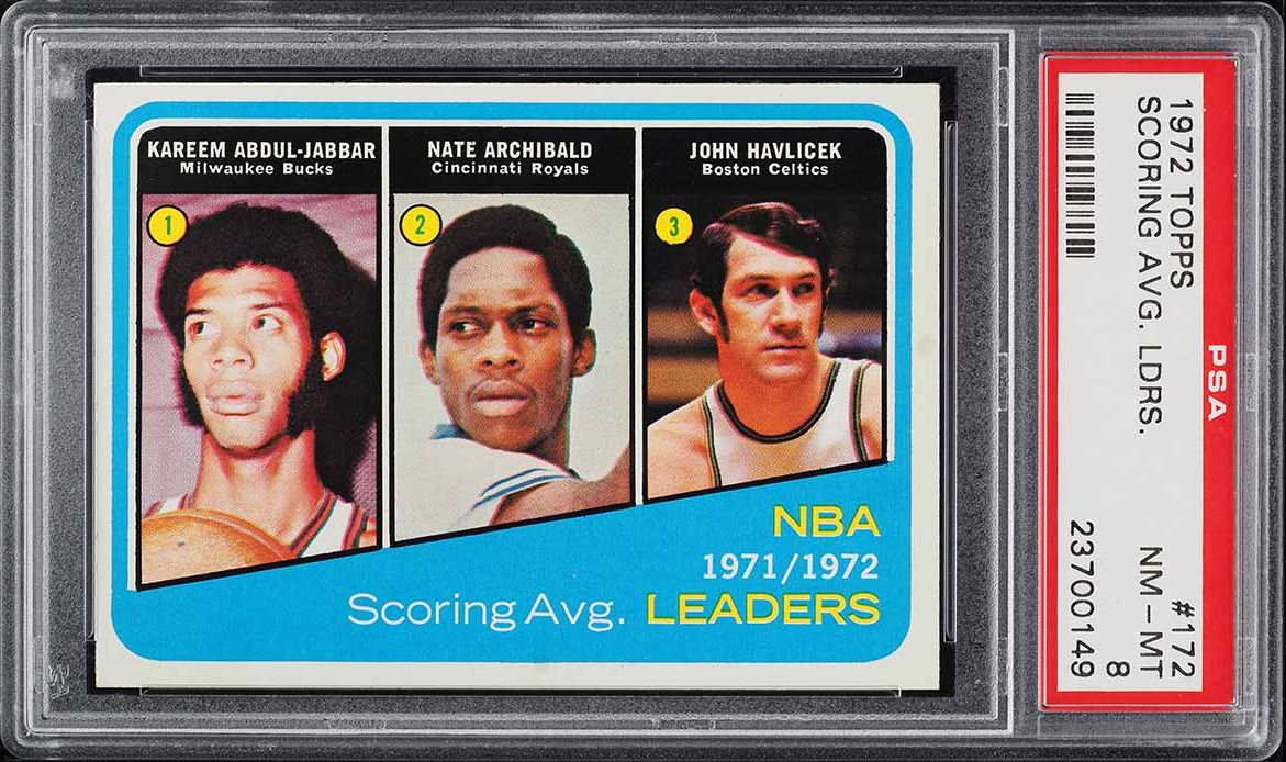 1972 Topps Basketball Kareem Abdul-Jabbar Archibald Havlicek LDRS #172 PSA 8