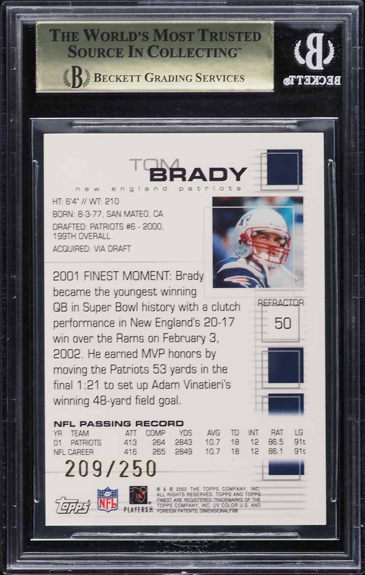 2002 Finest Refractor Tom Brady /250 #50 BGS 9.5 GEM MINT