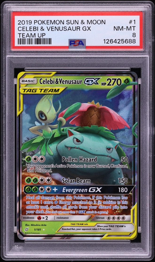 2019 Pokemon Sun & Moon Team Up Celebi & Venusaur GX #1 PSA 8 NM-MT