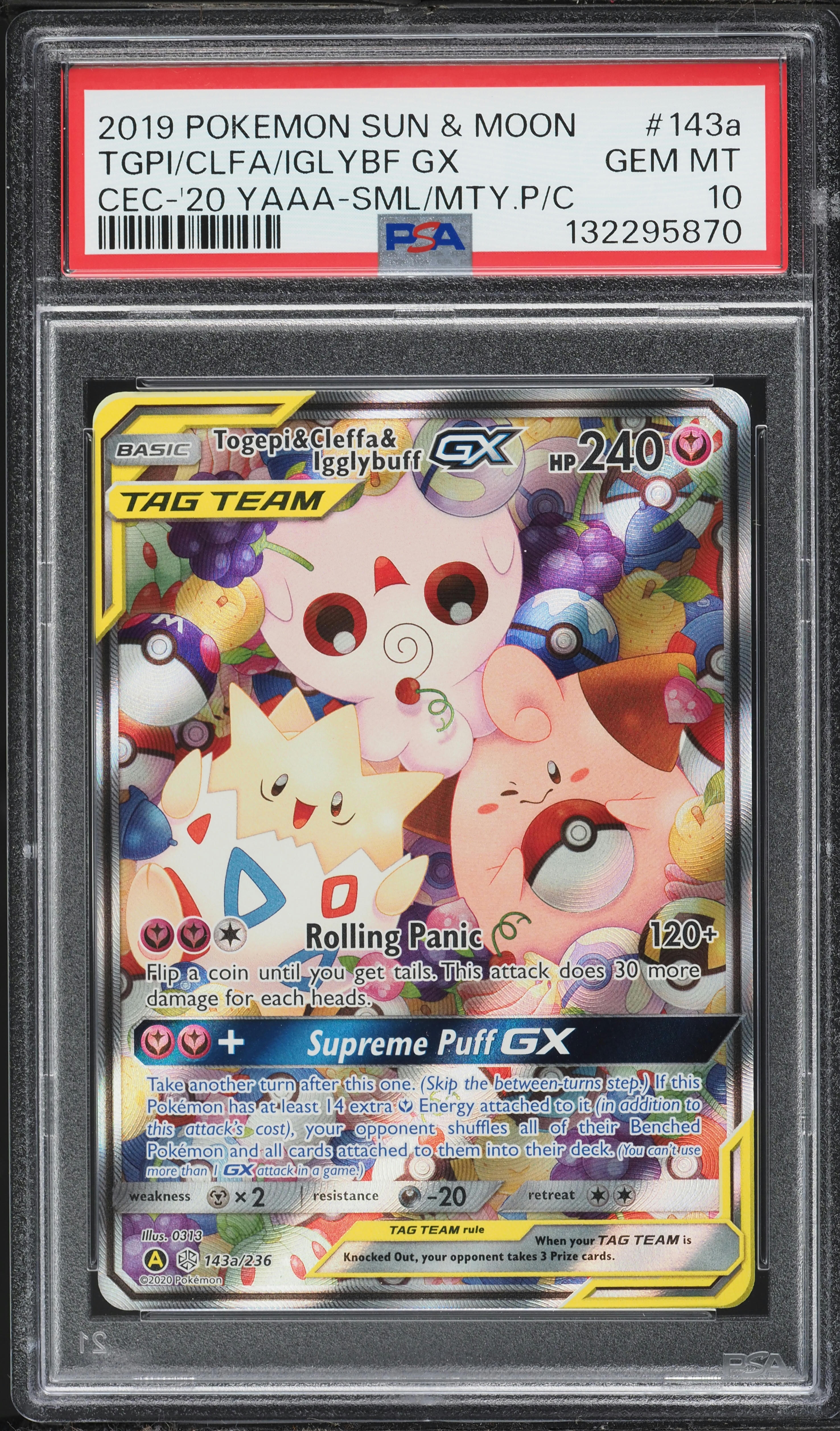 2019 Pokemon Sun & Moon Cosmic Eclipse Full Art Togepi & Igglybuff & Cleffa GX #143a PSA 10 GEM