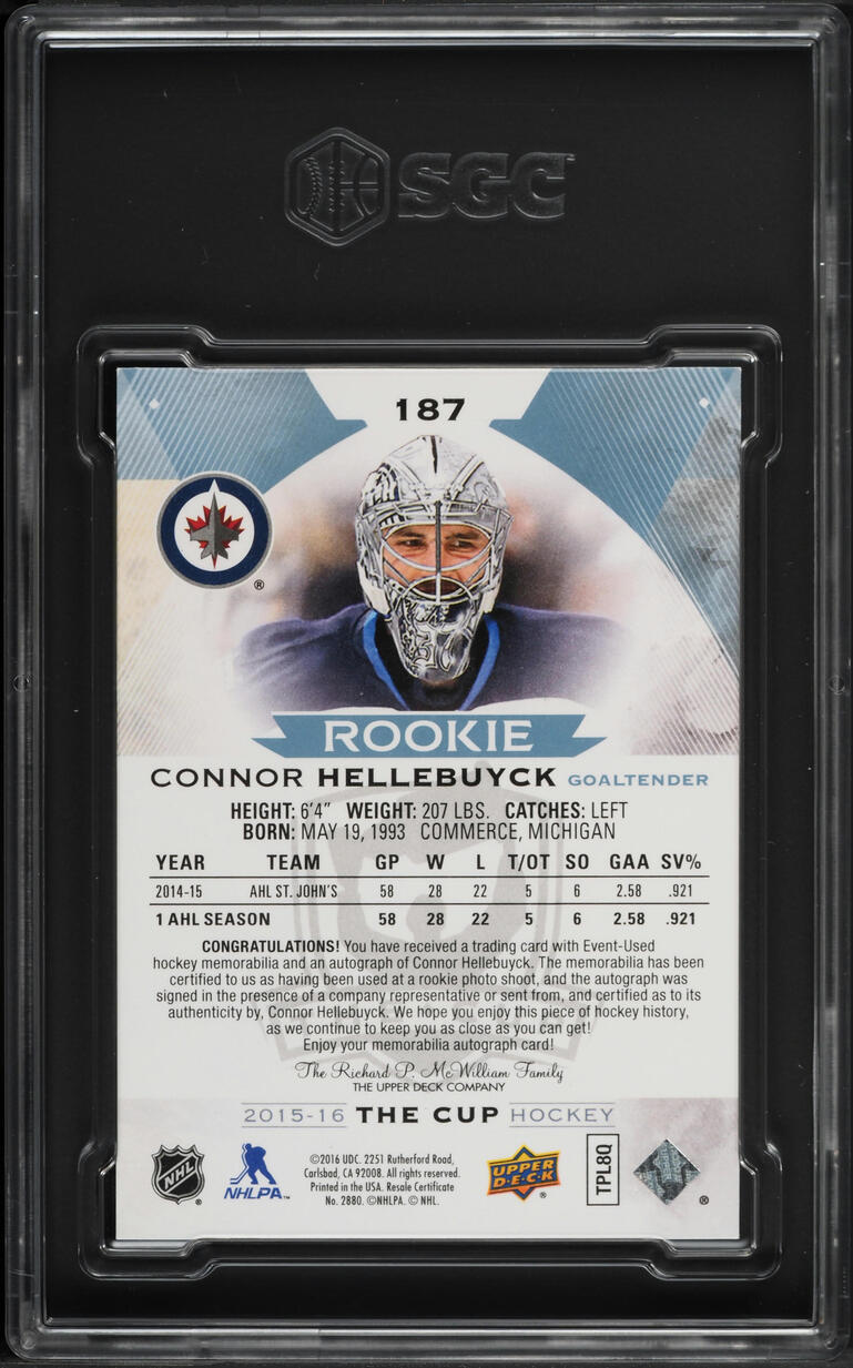 2015 Upper Deck The Cup Connor Hellebuyck ROOKIE PATCH AUTO /249 #187 SGC 9 MINT