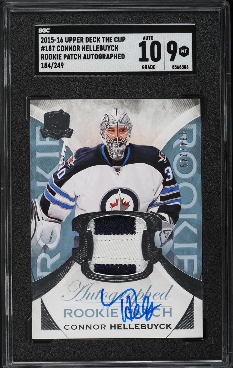 2015 Upper Deck The Cup Connor Hellebuyck ROOKIE PATCH AUTO /249 #187 SGC 9 MINT