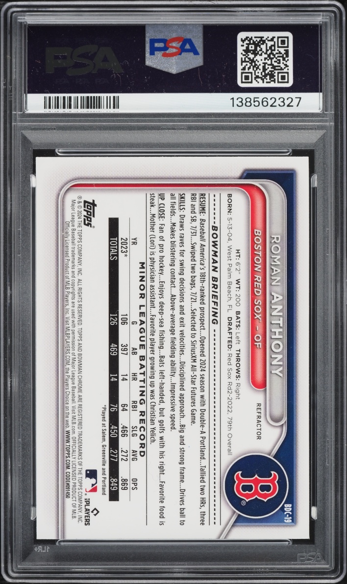 2024 Bowman Chrome Draft Refractor Roman Anthony PROSPECT #BDC-19 PSA 10 GEM MINT