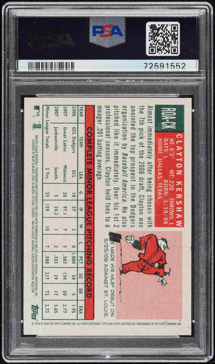 2008 Topps Heritage Real One Red Ink Clayton Kershaw ROOKIE AUTO /59 PSA 10 GEM