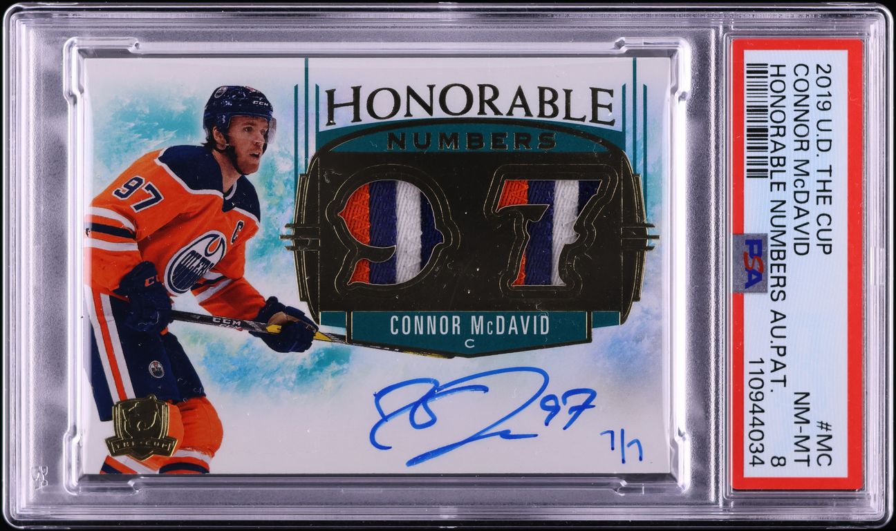 2019 Upper Deck The Cup Honorable Numbers Connor McDavid PATCH AUTO 7/7 PSA 8