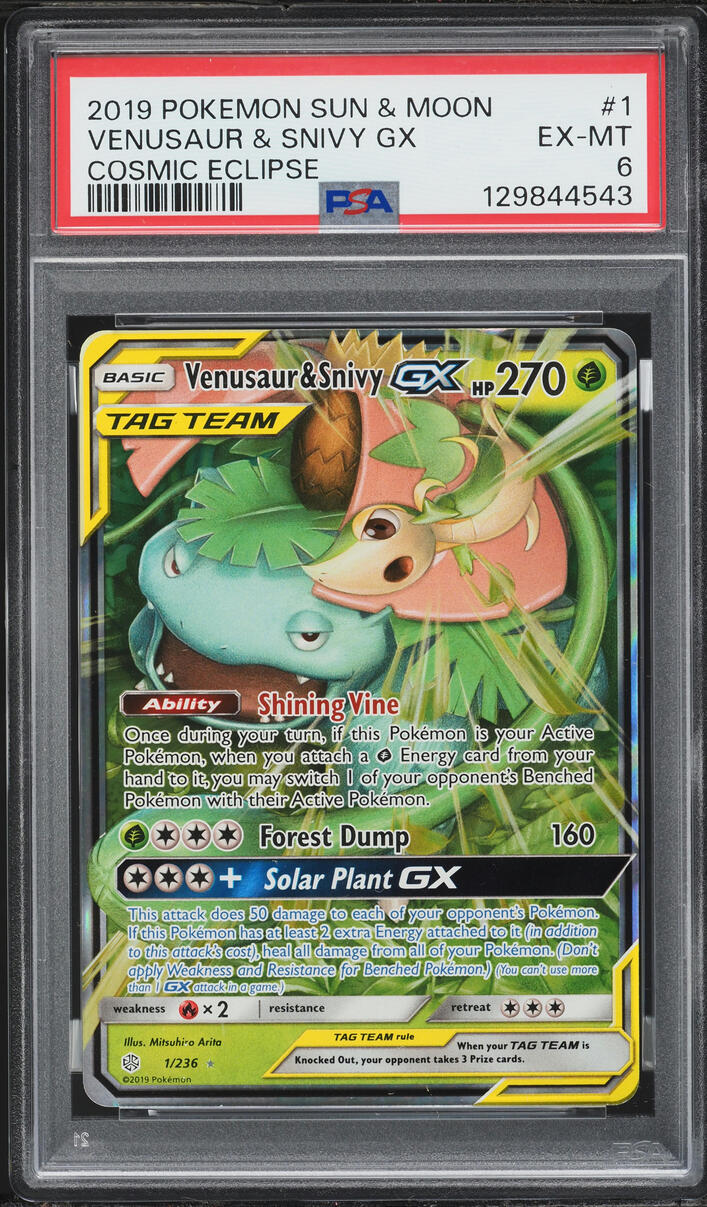 2019 Pokemon Sun & Moon Cosmic Eclipse Venusaur & Snivy GX #1 PSA 6 EXMT