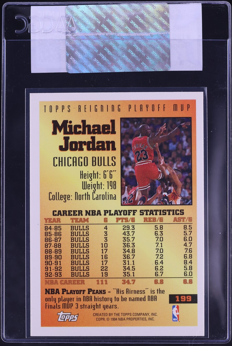 1993 Topps Gold Reigning Playoff MVP Michael Jordan #199 CGC AUTH