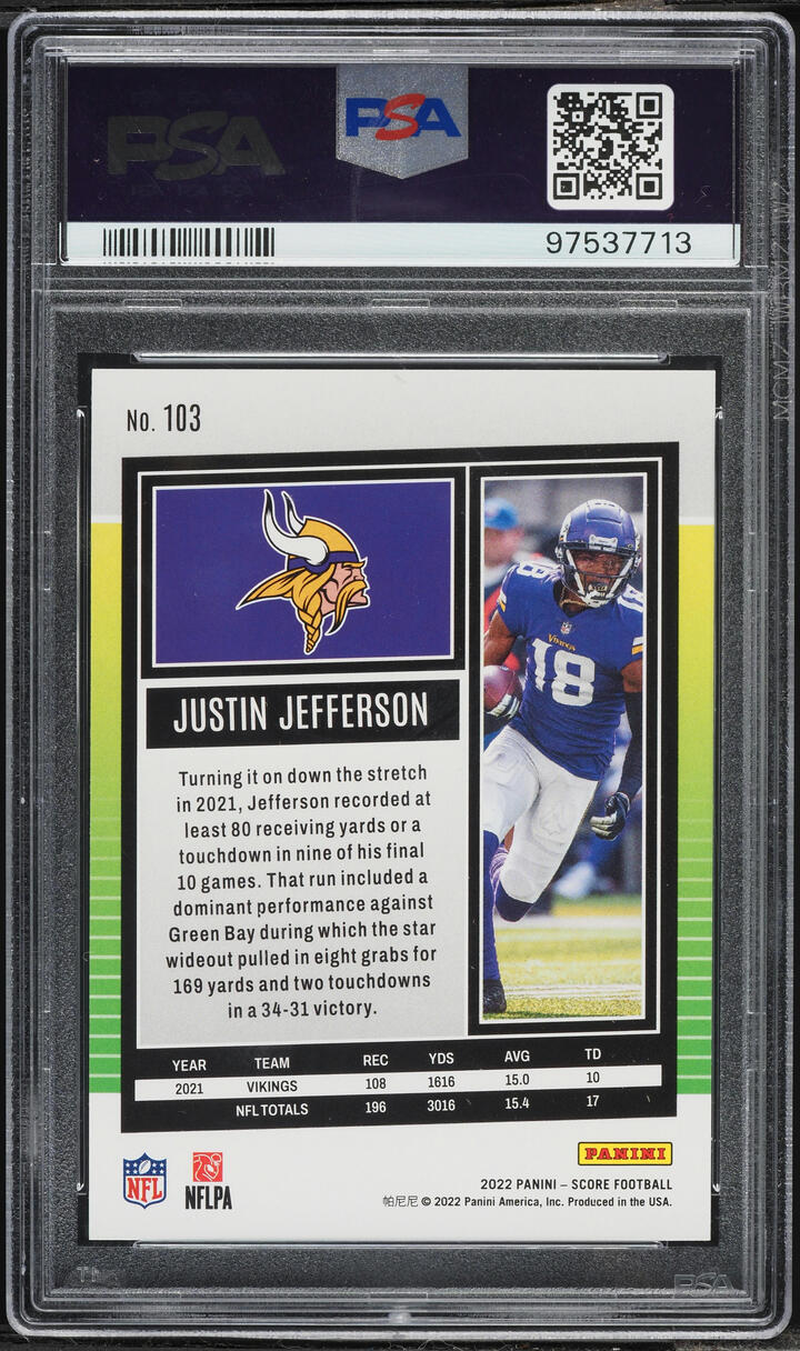 2022 Score Football Justin Jefferson #103 PSA 10 GEM MINT