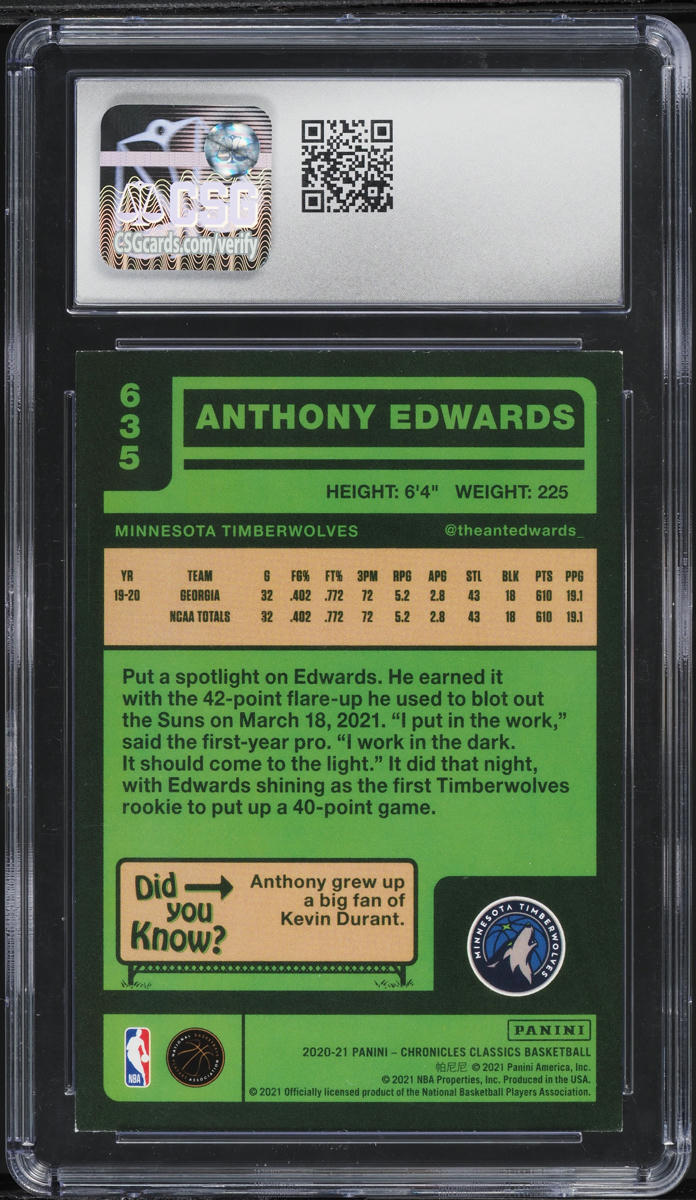 2020 Panini Chronicles Classics Anthony Edwards ROOKIE #635 CSG 8.5 NM-MT+