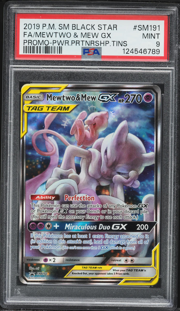 2019 Pokemon Sun & Moon Promo Power Partnership Tins Full Art Mewtwo & Mew GX #SM191 PSA 9 MINT