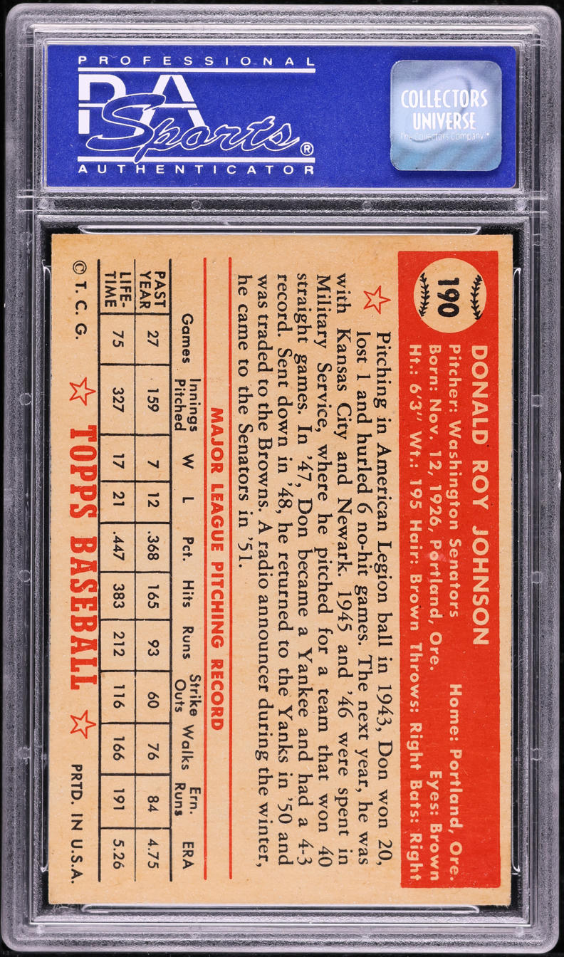 1952 Topps Don Johnson #190 PSA 8 NM-MT