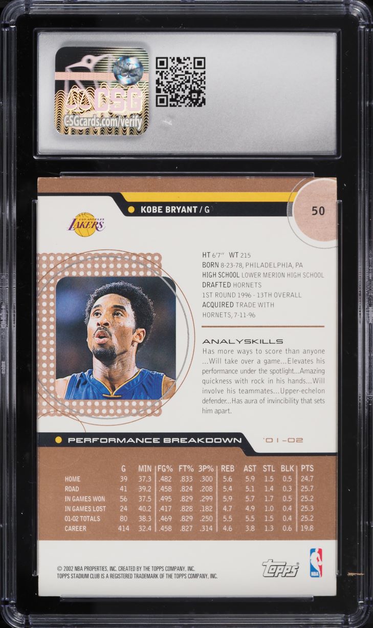 2002 Stadium Club Basketball Kobe Bryant #50 CSG 8 NM-MT