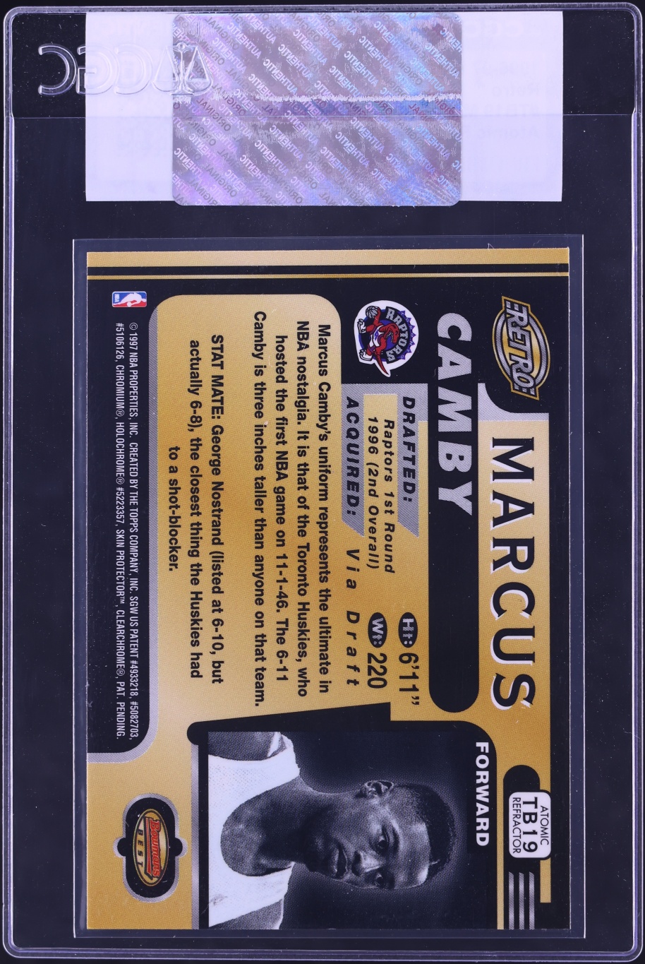 1996 Bowman's Best Retro Atomic Refractor Marcus Camby ROOKIE #TB19 CGC AUTH