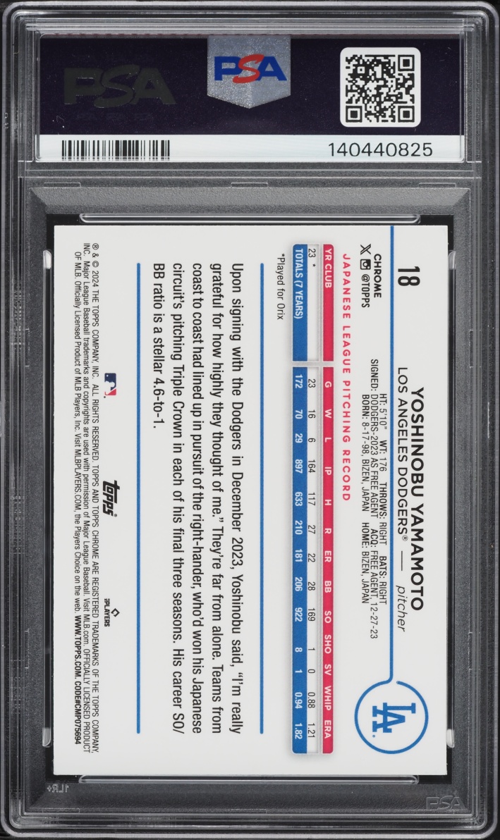 2024 Topps Chrome Gold Refractor Yoshinobu Yamamoto ROOKIE /50 #18 PSA 9 MINT - Photo 2