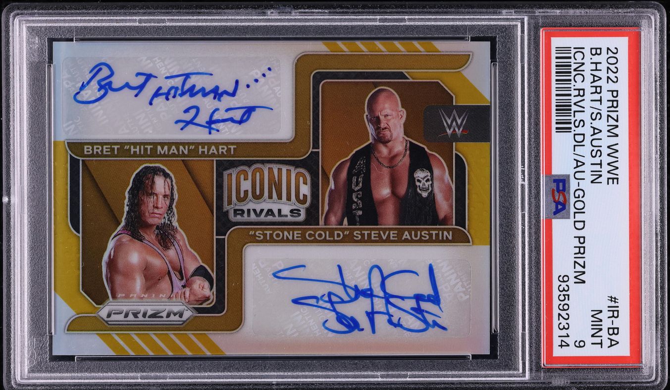 2022 Panini Prizm WWE Iconic Rivals Gold Brett Hart Steve Austin AUTO /10 PSA 9